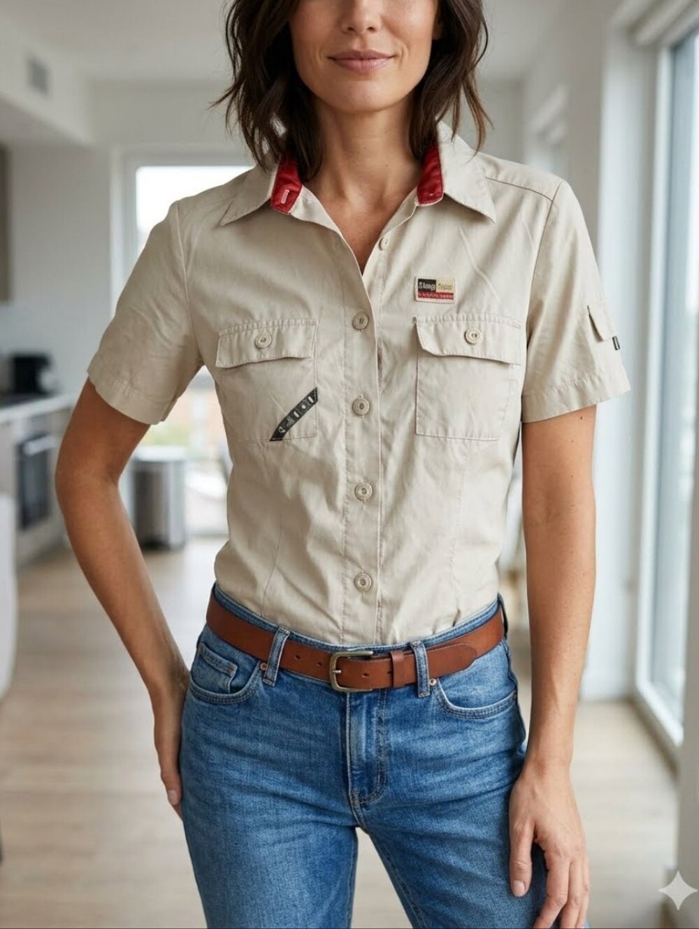 M🍀Mango Women’s Cream Button-Down Shirt with Red Collar Trim